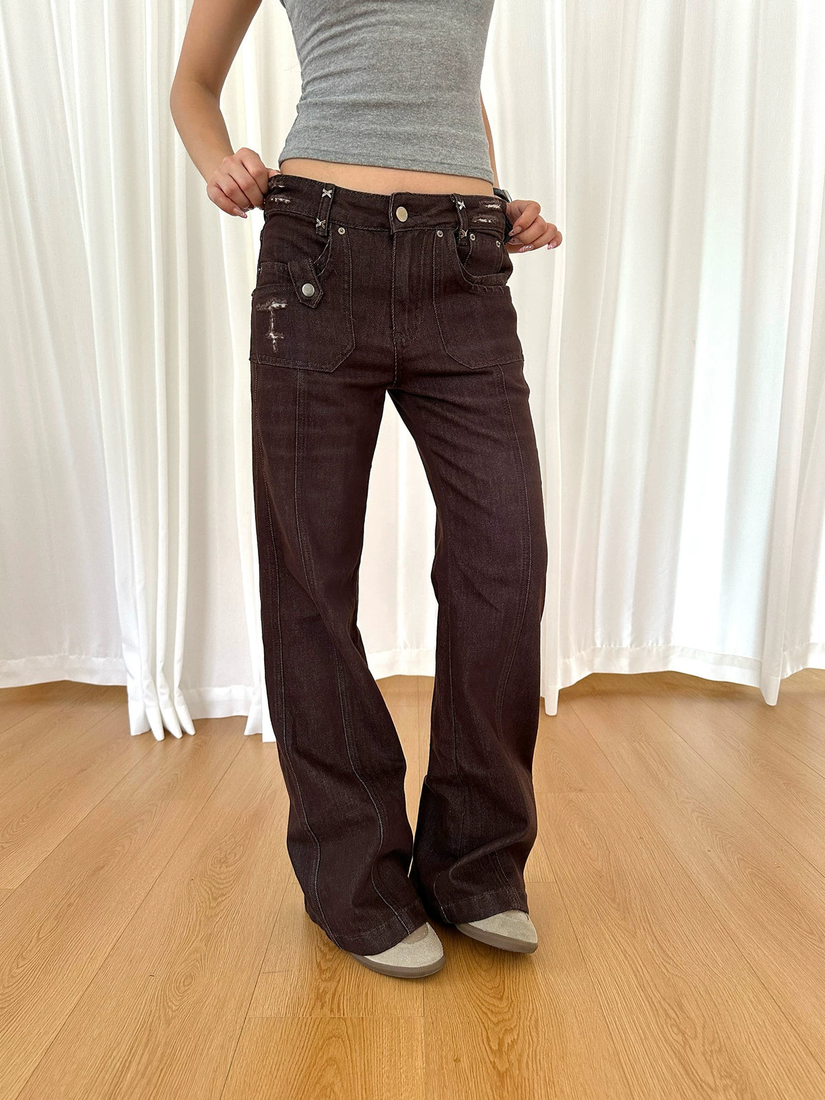 HABON Women's Vintage Distressed Flared Straight Leg Jeans