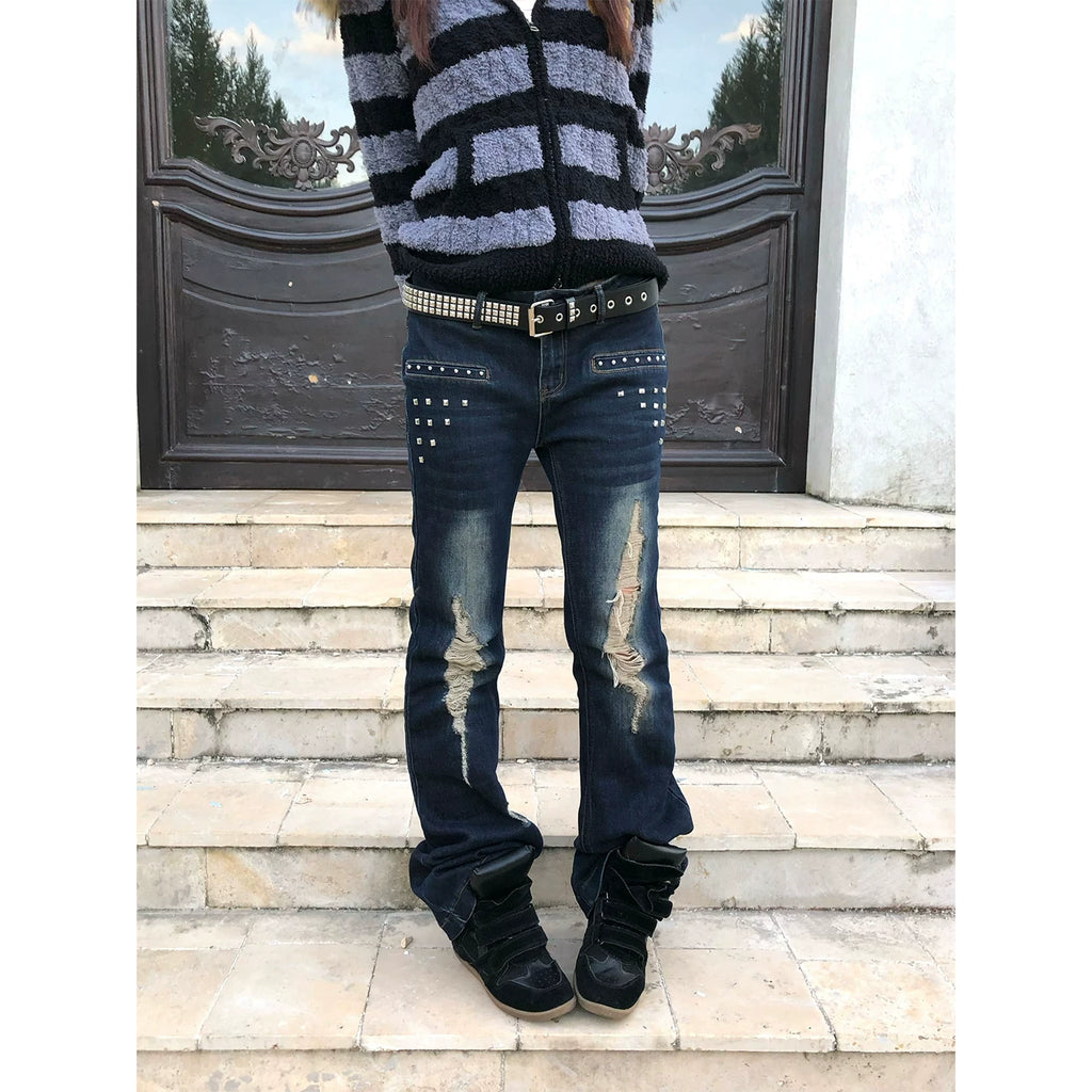 HABON Women's American Style Rivet Distressed Straight Jeans