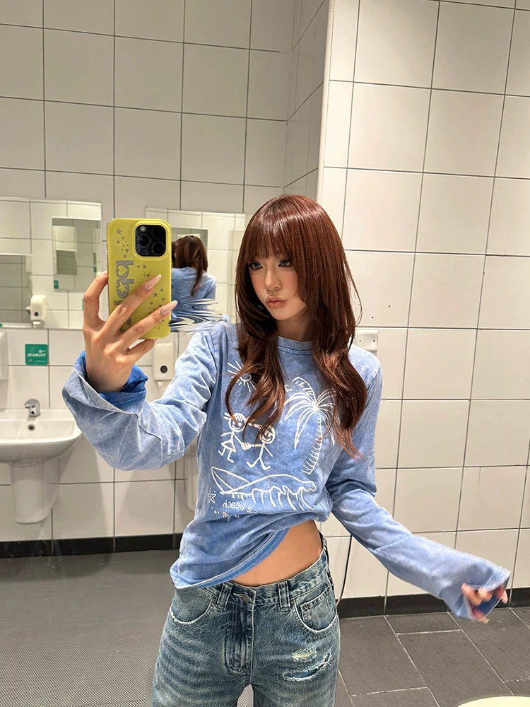 HABON American Style Washed Vintage Long Sleeve T-Shirt