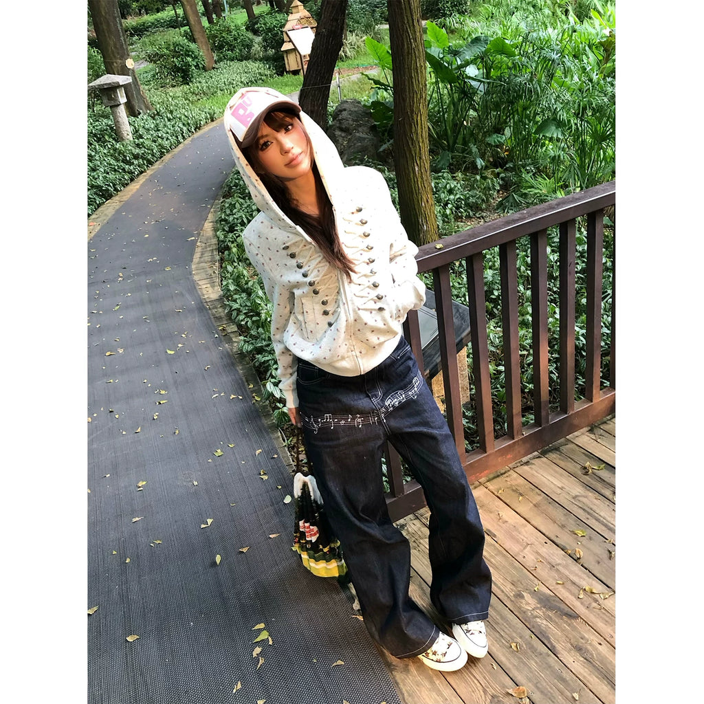 HABON American Style Floral Print Hooded Cardigan Jacket for Men and Women