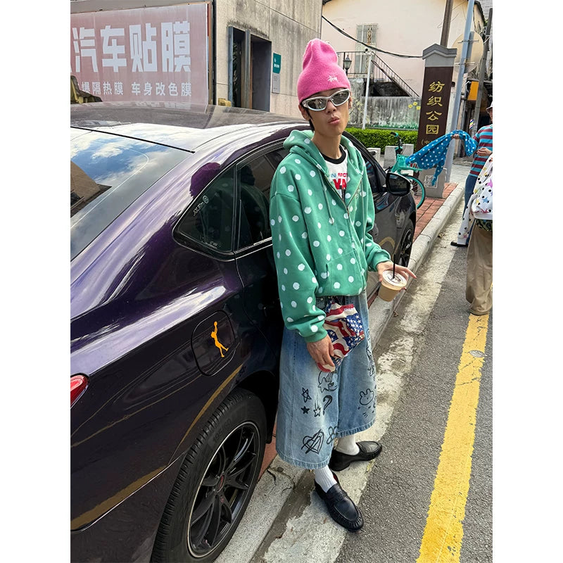 HABON American Style Polka Dot Full Print Zip Up Hooded Sweatshirt