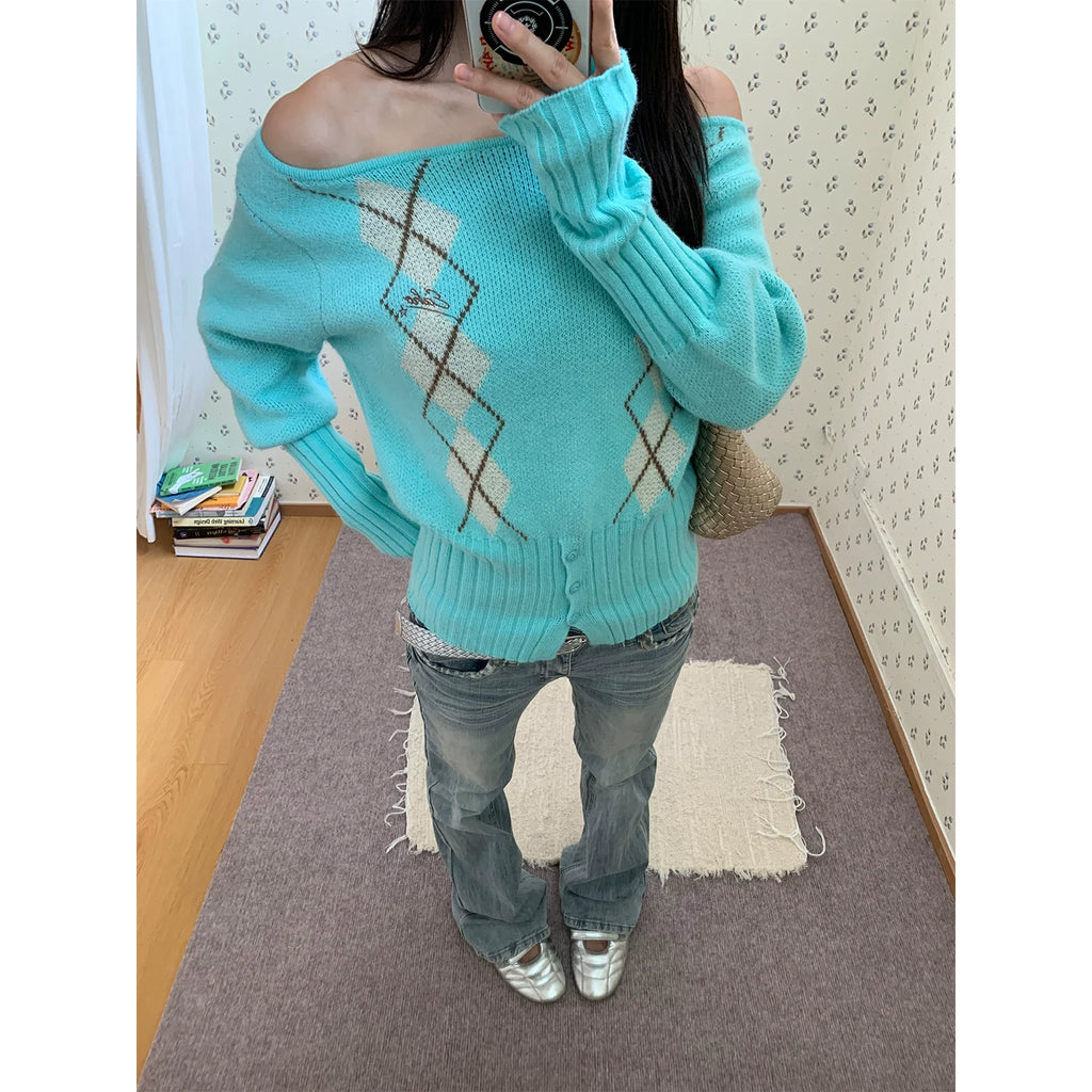 HABON Women's Argyle Asymmetrical Neckline Knit Sweater