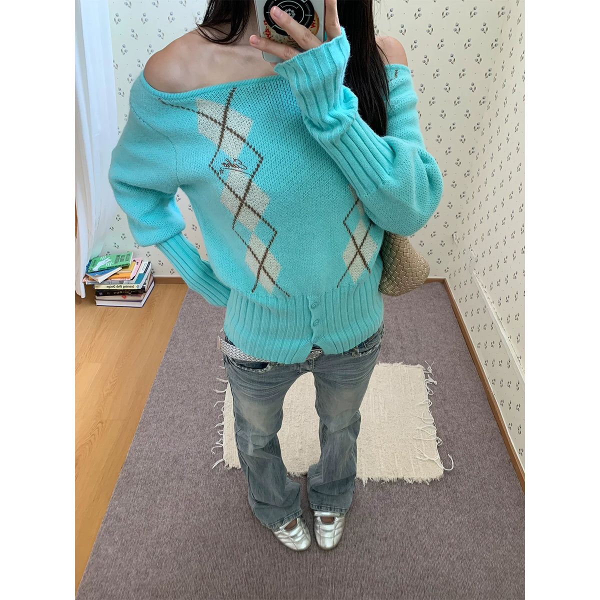HABON Women's Argyle Asymmetrical Neckline Knit Sweater