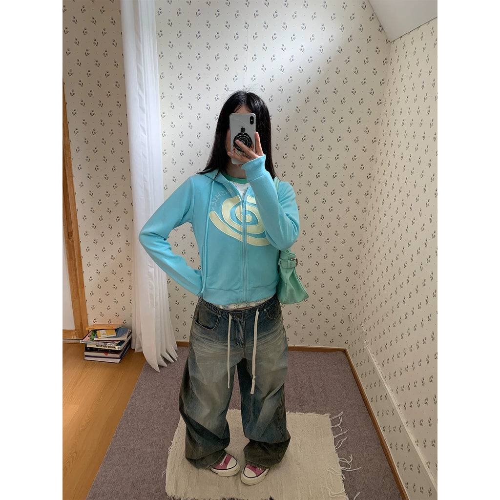 HABON American Swirl Patchwork Zip Hooded Sweatshirt, Loose Fit for Men and Women