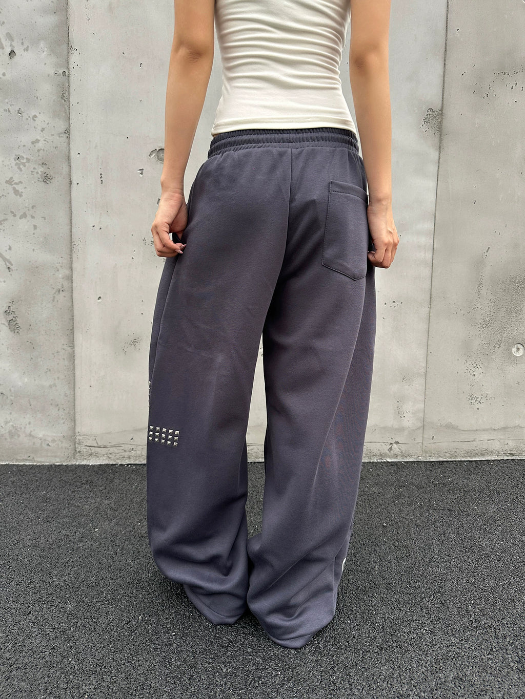 Unisex Letter Print Rivet Wide-Leg Drawstring Sweatpants