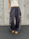 Unisex Letter Print Rivet Wide-Leg Drawstring Sweatpants