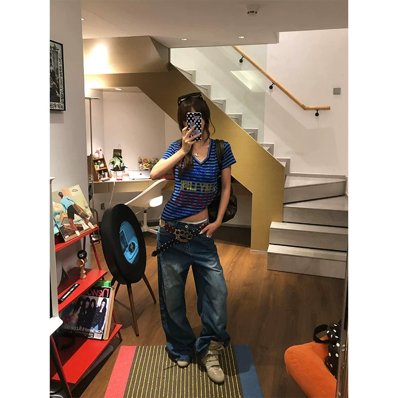 HABON American Style Patchwork Pocket Wide Leg Straight Jeans