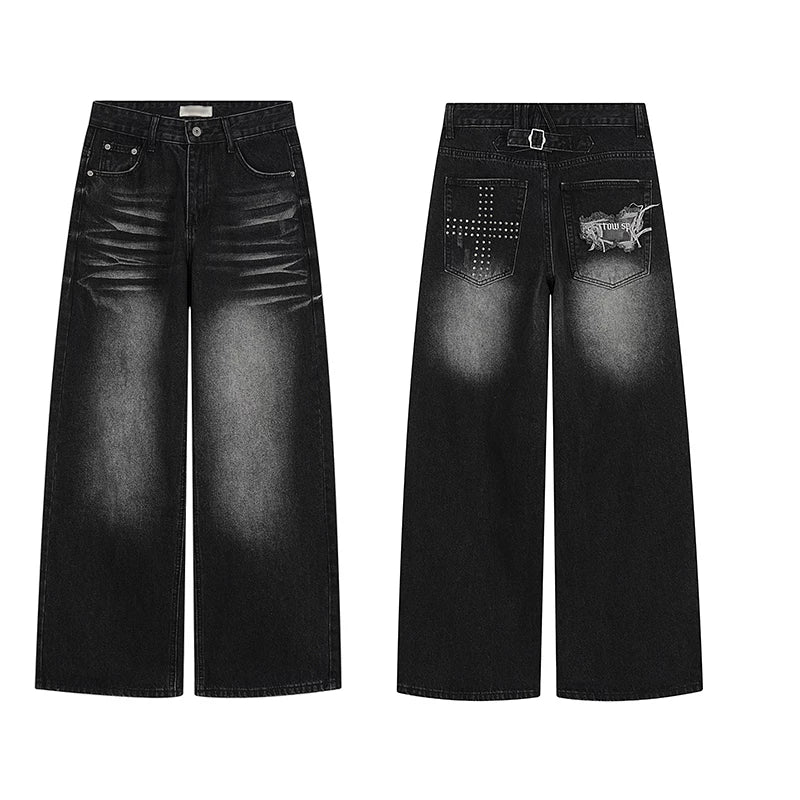 HABON American Washed Cross Studded Wide Leg Jeans