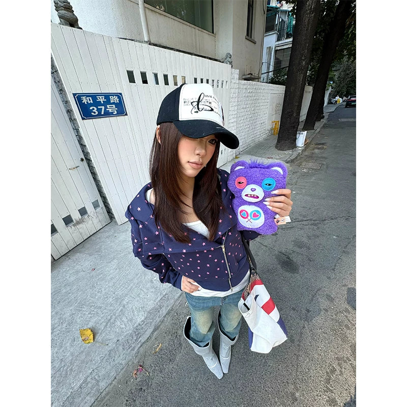 HABON American Style Star Print Hooded Zip Up Sweatshirt