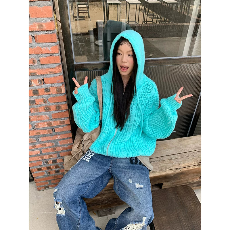 HABON American Style Cable Knit Hooded Sweater Cardigan for Men and Women