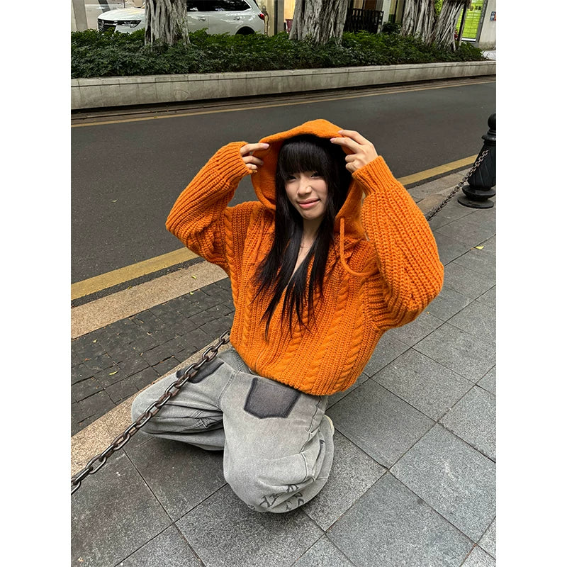 HABON American Style Cable Knit Hooded Sweater Cardigan for Men and Women