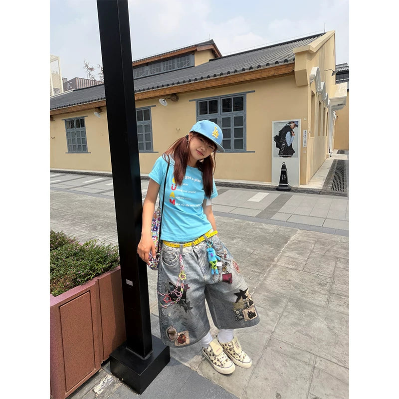HABON American Style Washed Distressed 3D Printed Denim Shorts