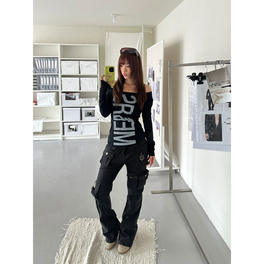 HABON Women's American Retro U-Neck Letter Print Long Sleeve Slim Fit T-Shirt