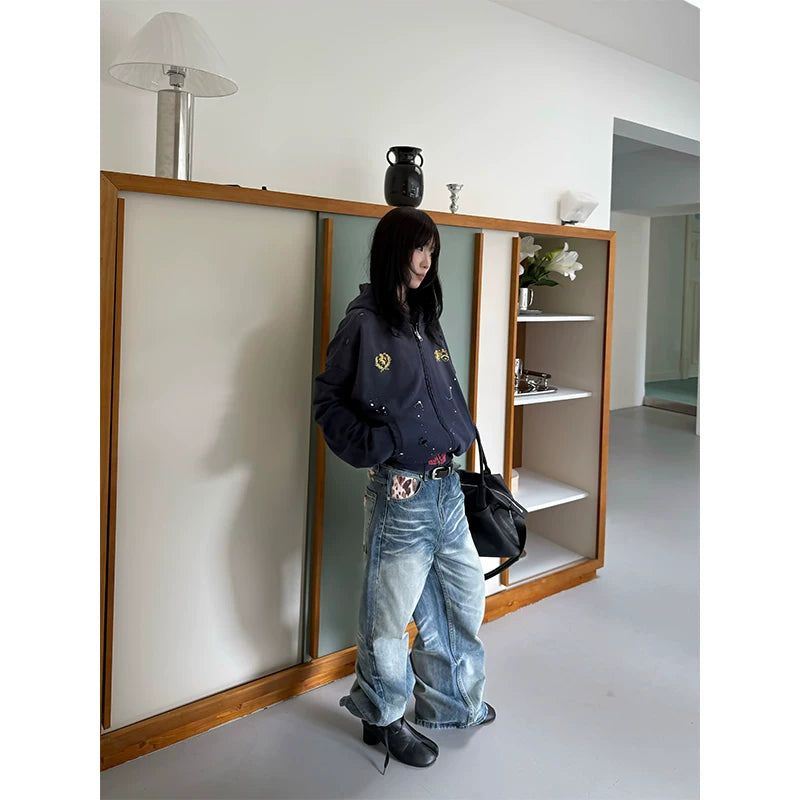 HABON Washed Distressed Paint Splatter Zip-Up Boxy Hoodie