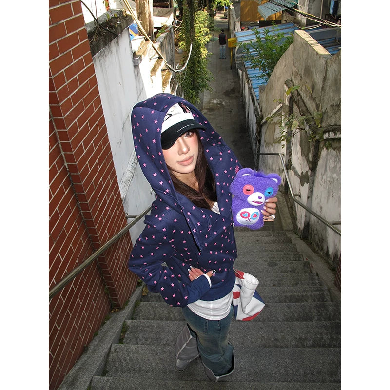 HABON American Style Star Print Hooded Zip Up Sweatshirt