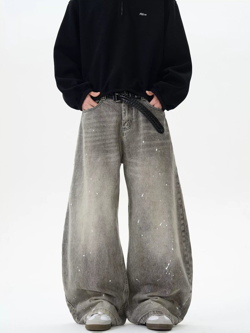 Washed Distressed Grey Ink-Splashed Scimitar Jeans