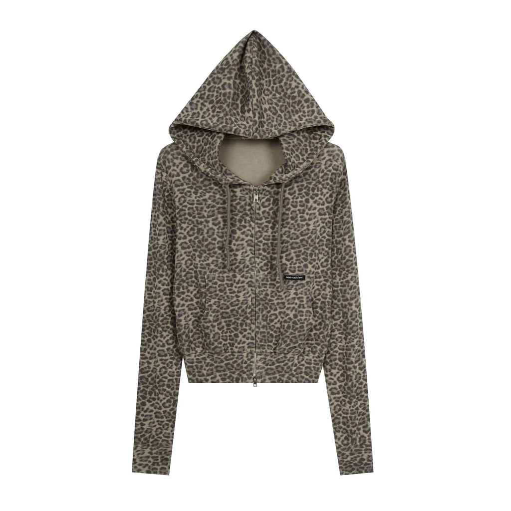HABON Leopard Cropped Zip-Up Hoodie
