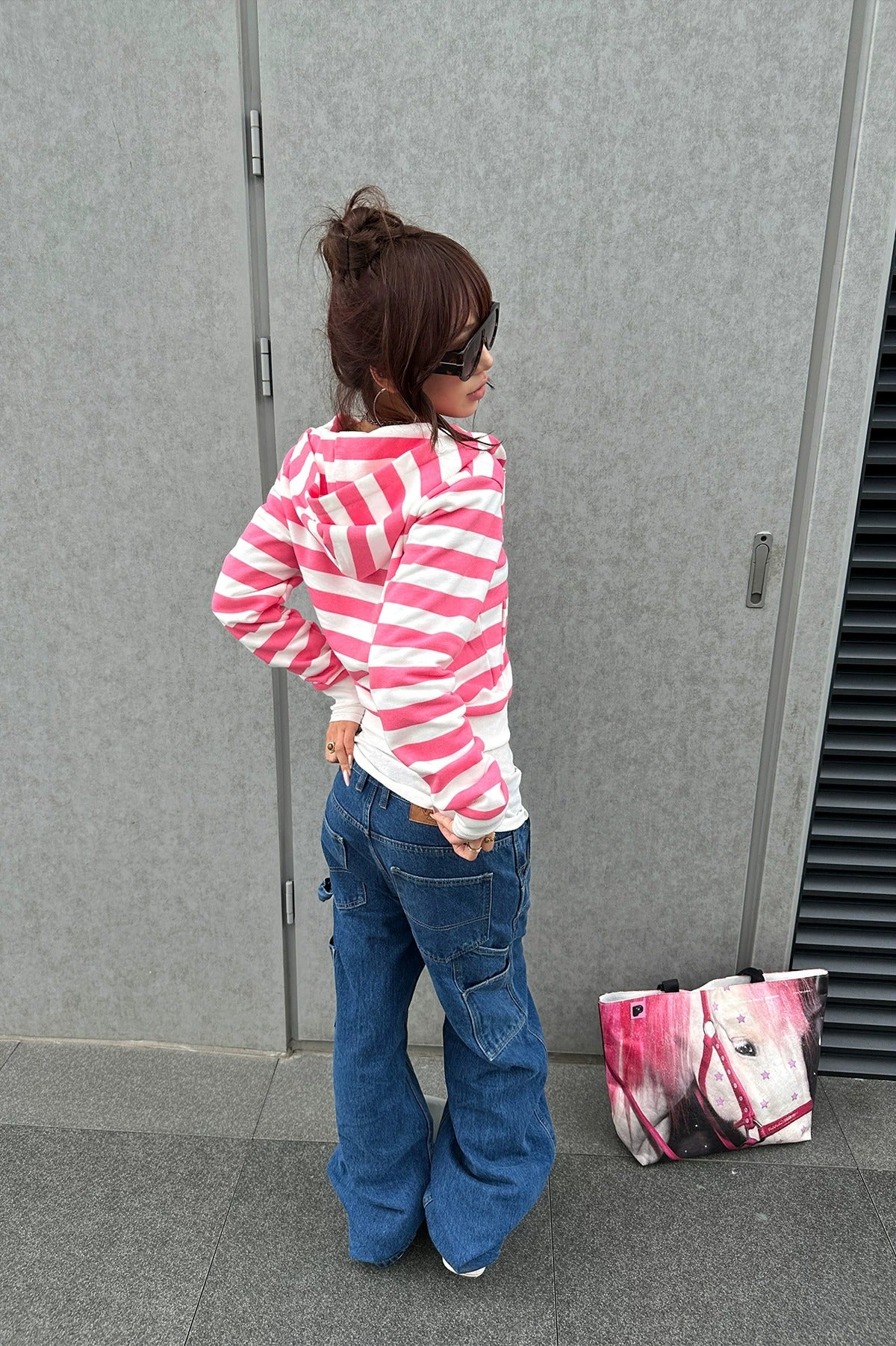 HABON Y2K Contrast Stripe Graphic Zip-Up Hoodie