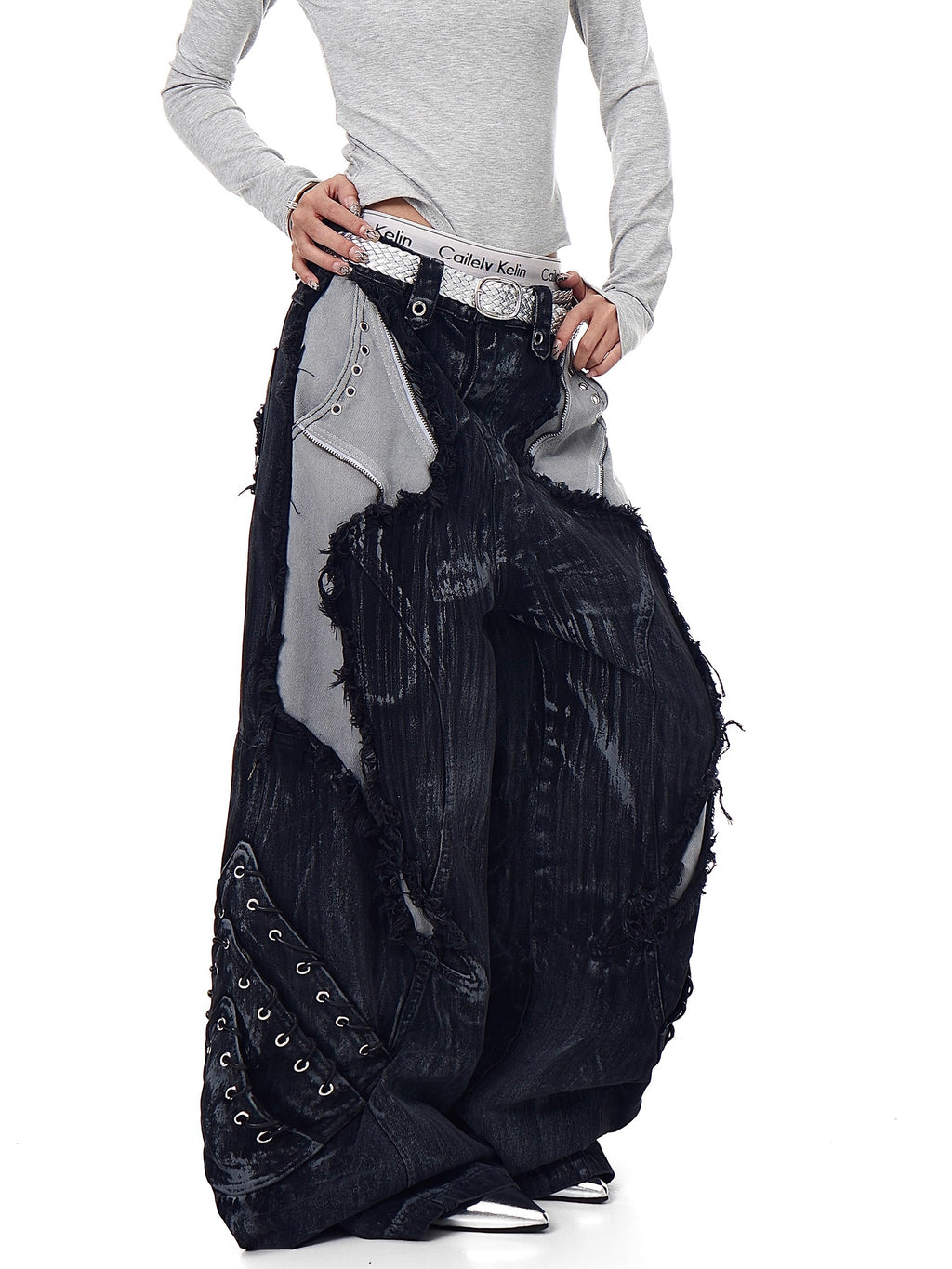 High-Street Patchwork Distressed Wide-Leg Jeans
