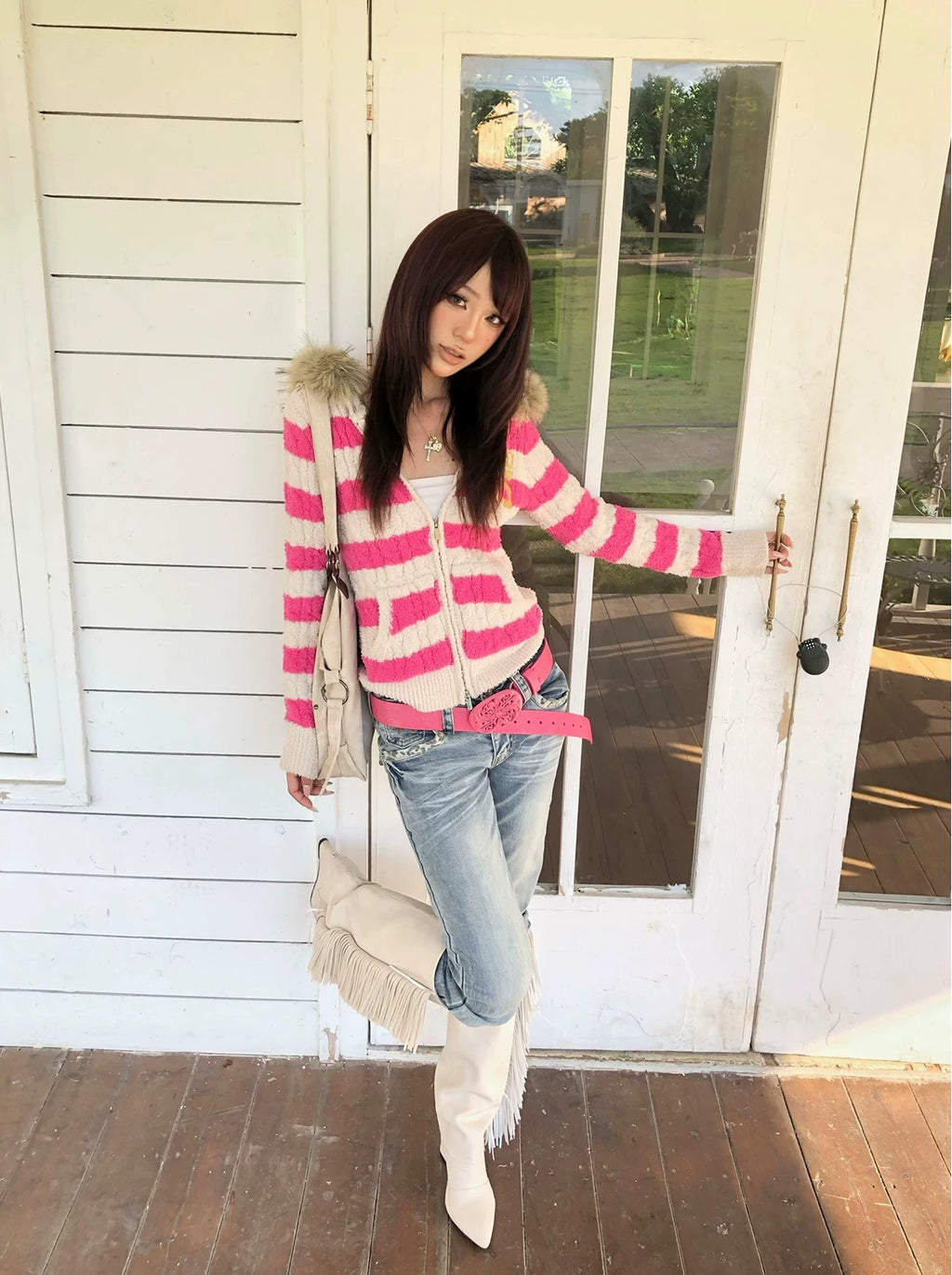 Colorblock Fur-Collar Knit Hoodie