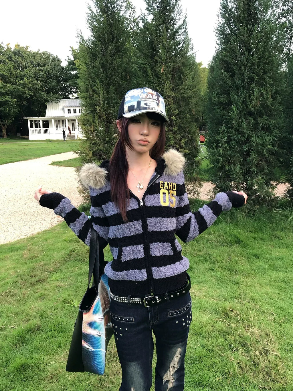Colorblock Fur-Collar Knit Hoodie