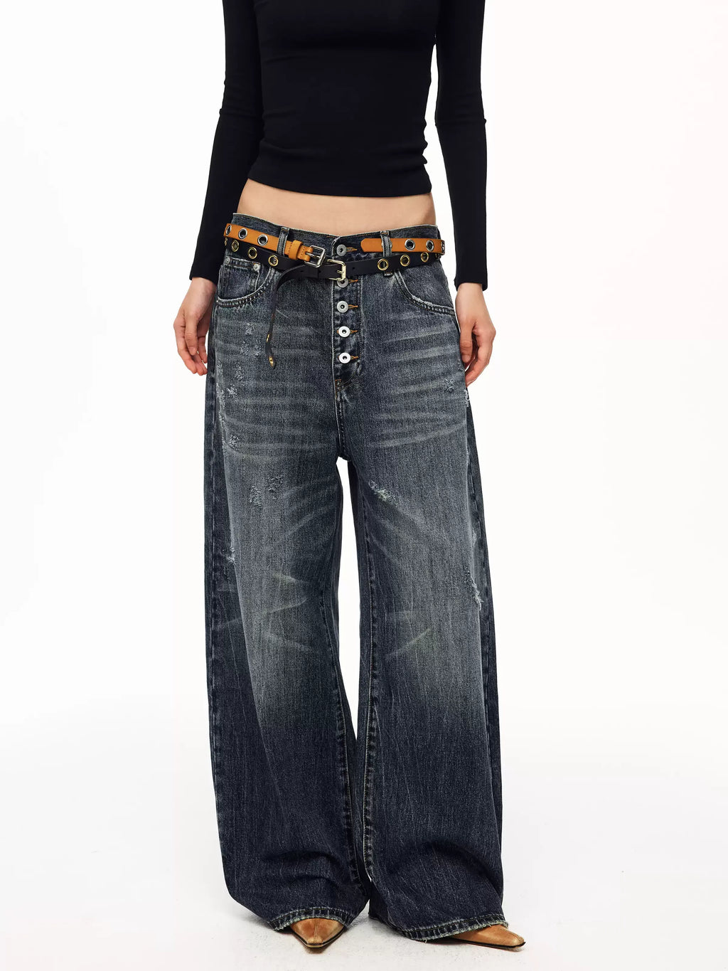 Washed Button-Fly Wide-Leg Jeans