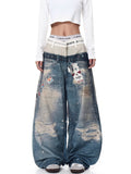Retro 3D Print Double-Waist Straight-Leg Jeans