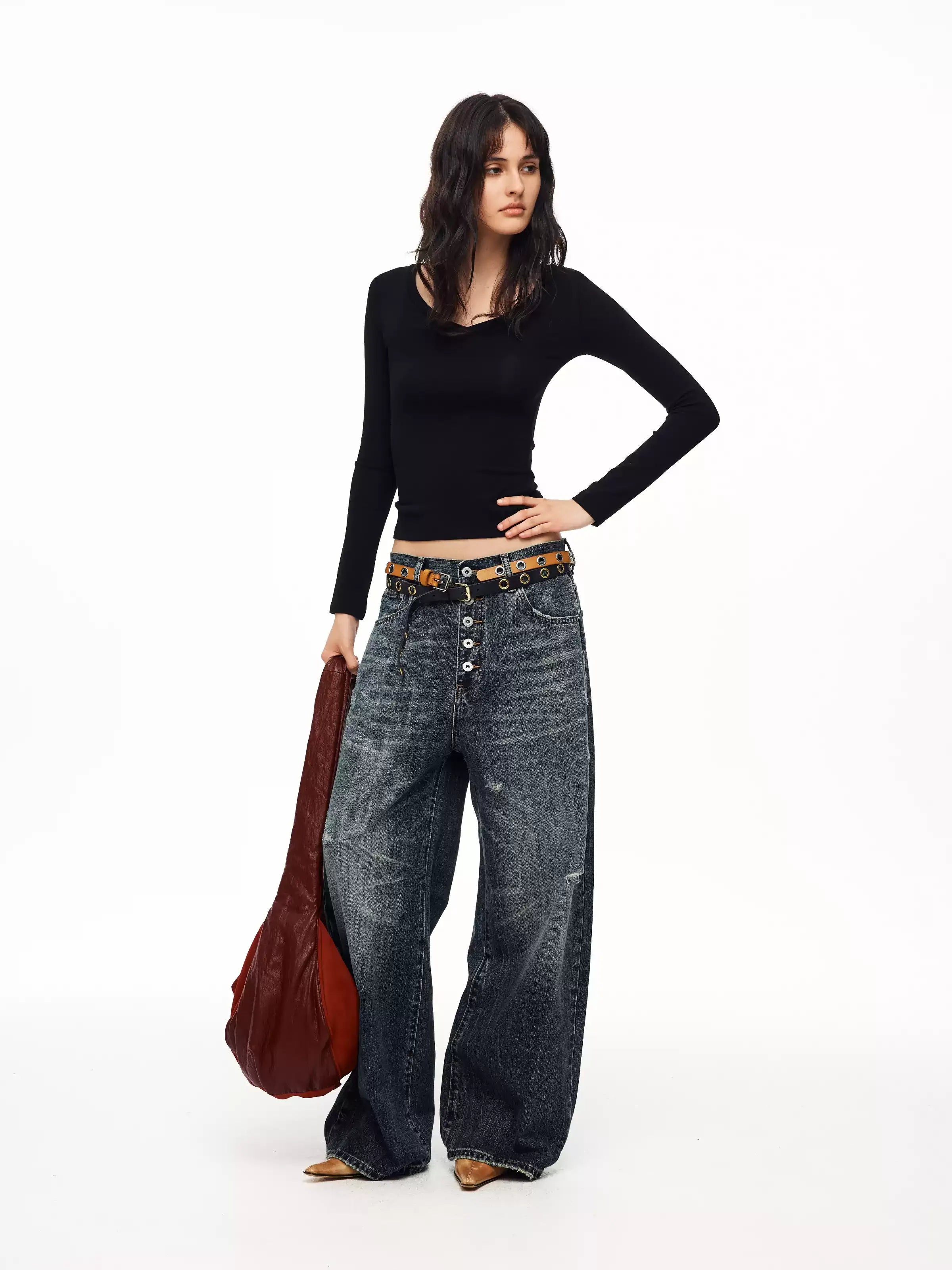 Washed Button-Fly Wide-Leg Jeans