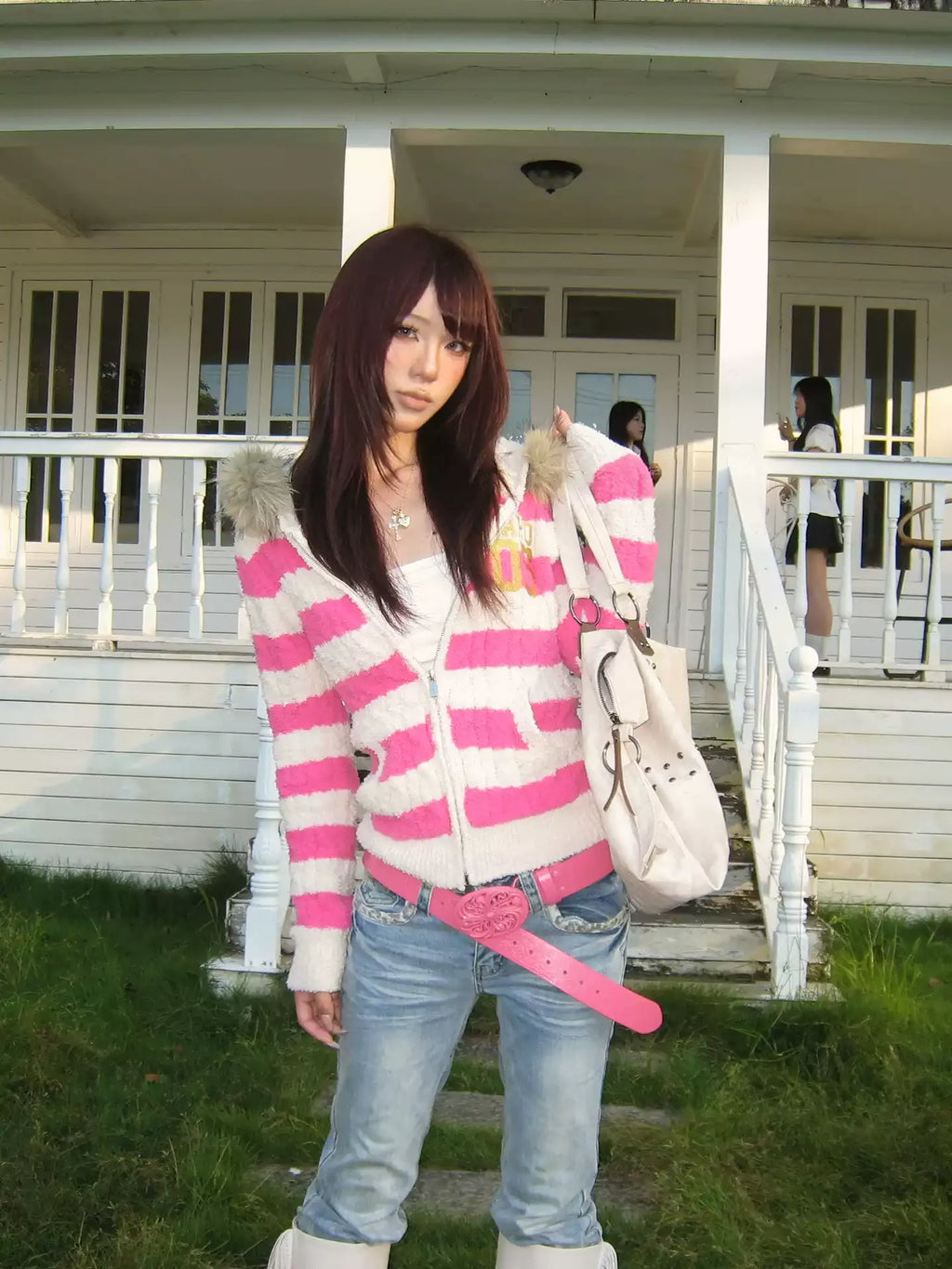 Colorblock Fur-Collar Knit Hoodie