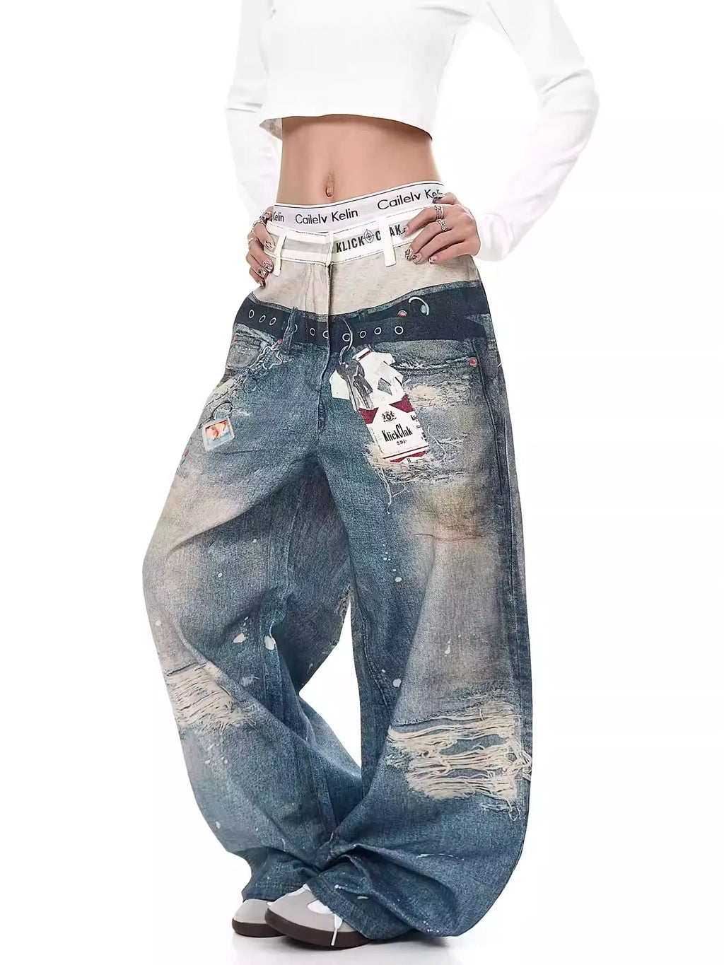 Retro 3D Print Double-Waist Straight-Leg Jeans