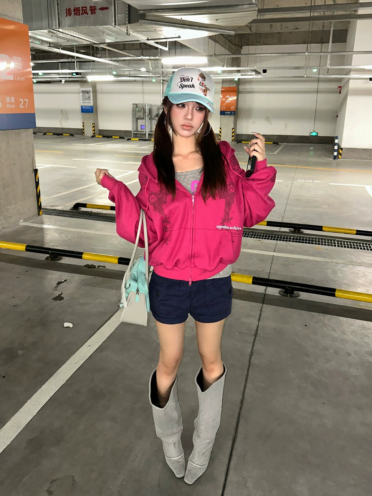 HABON Waffle Graphic Zip-Up Hoodie
