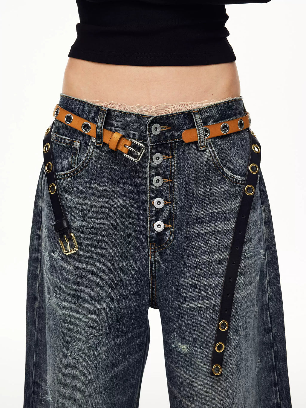 Washed Button-Fly Wide-Leg Jeans