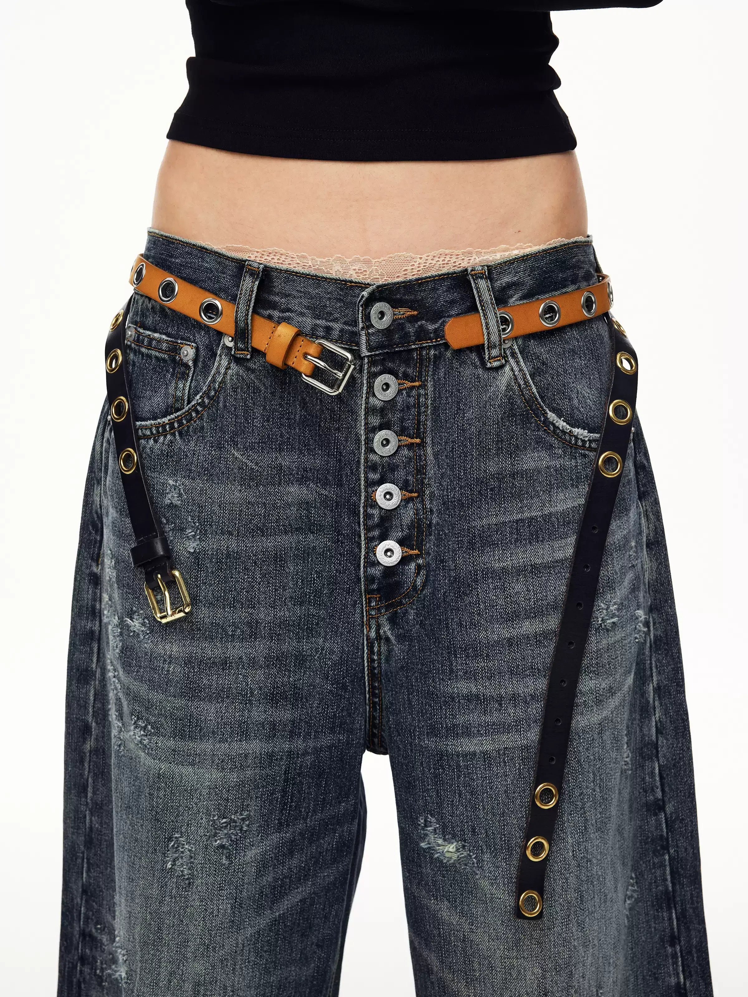 Washed Button-Fly Wide-Leg Jeans