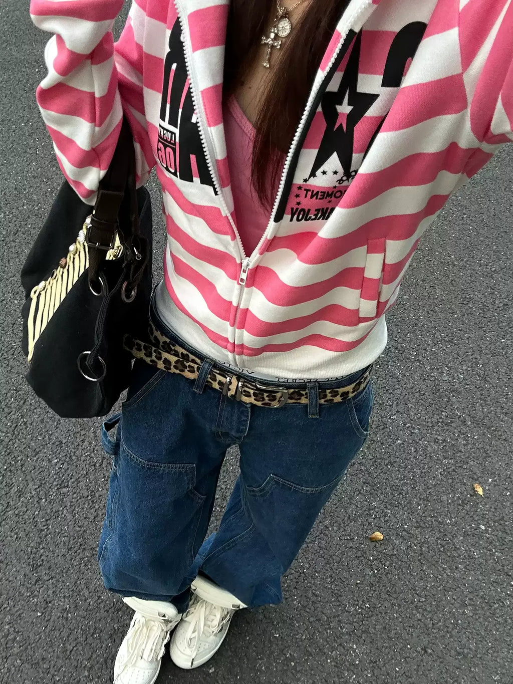 HABON Y2K Contrast Stripe Graphic Zip-Up Hoodie