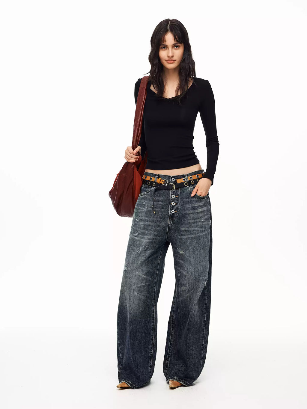 Washed Button-Fly Wide-Leg Jeans