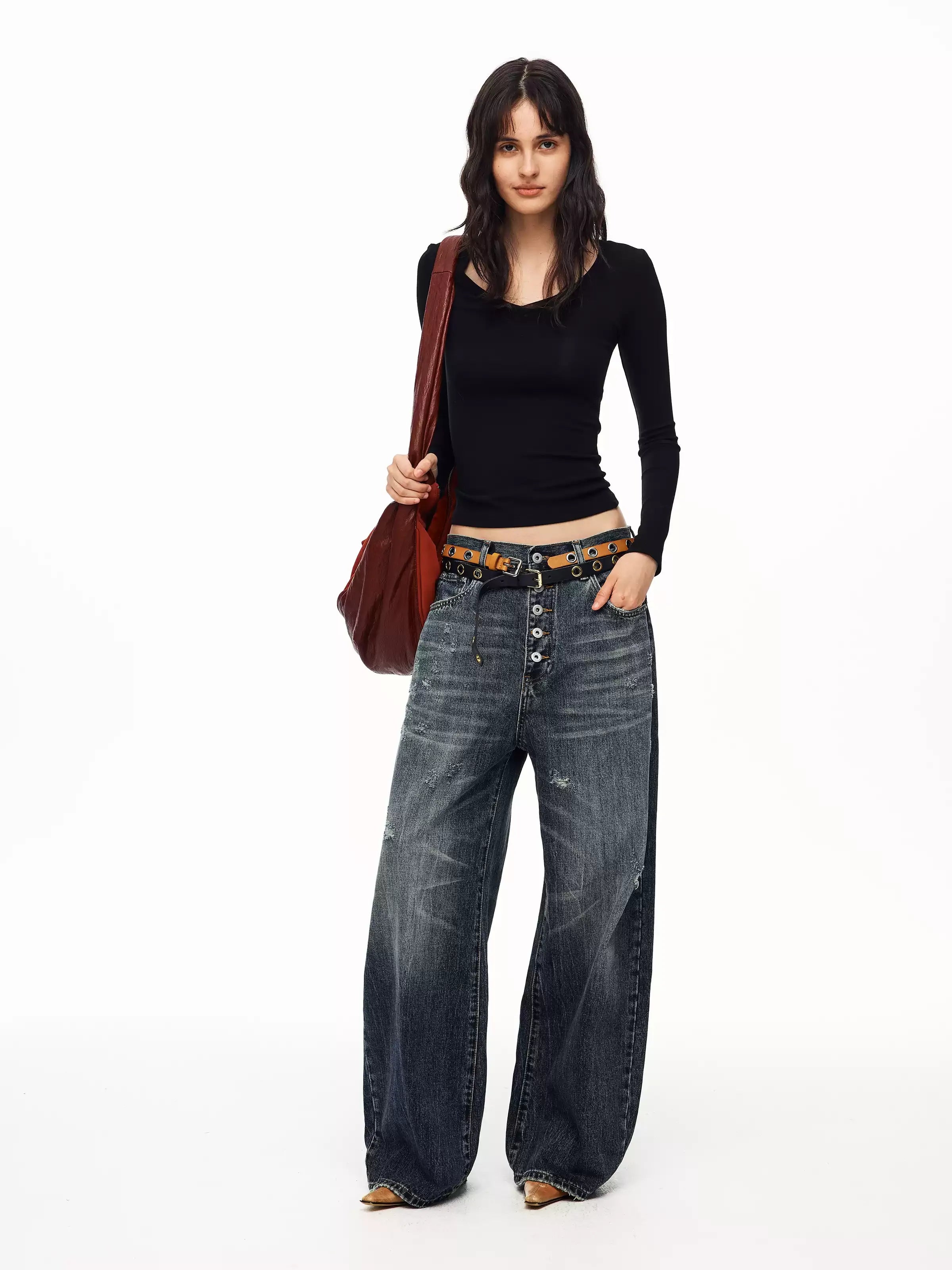 Washed Button-Fly Wide-Leg Jeans