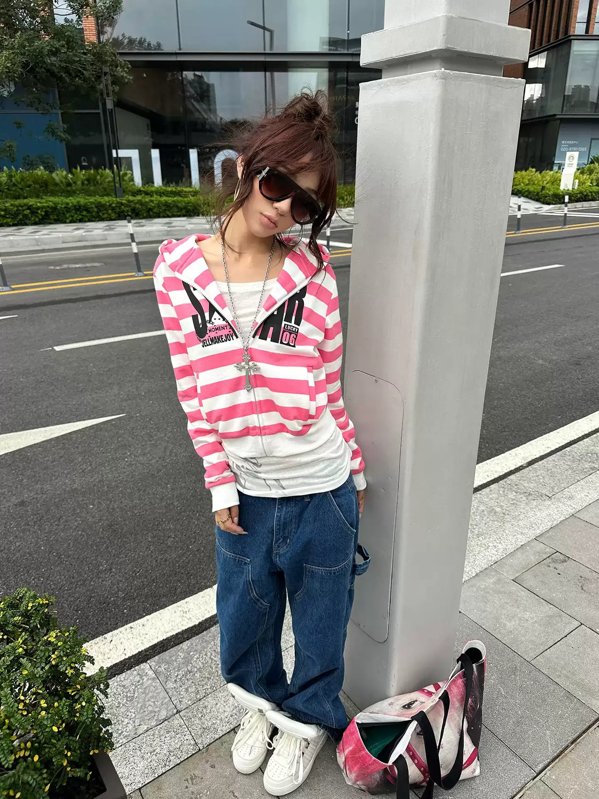 HABON Y2K Contrast Stripe Graphic Zip-Up Hoodie