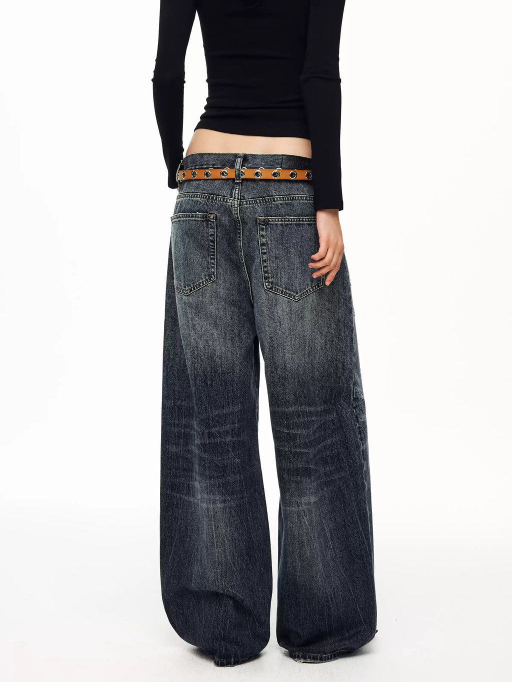 Washed Button-Fly Wide-Leg Jeans