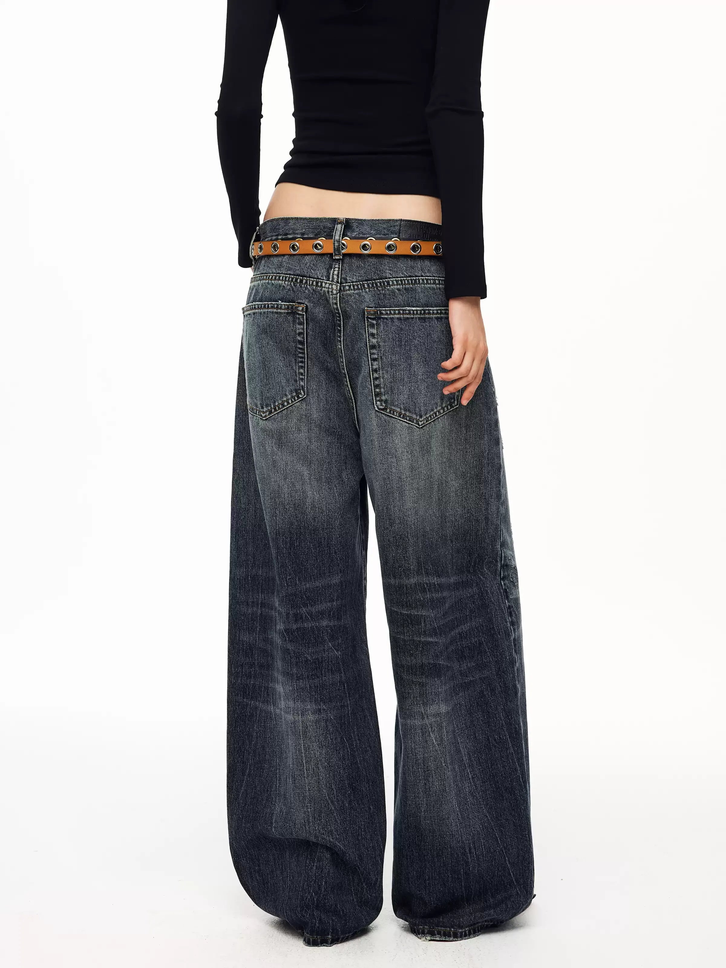 Washed Button-Fly Wide-Leg Jeans