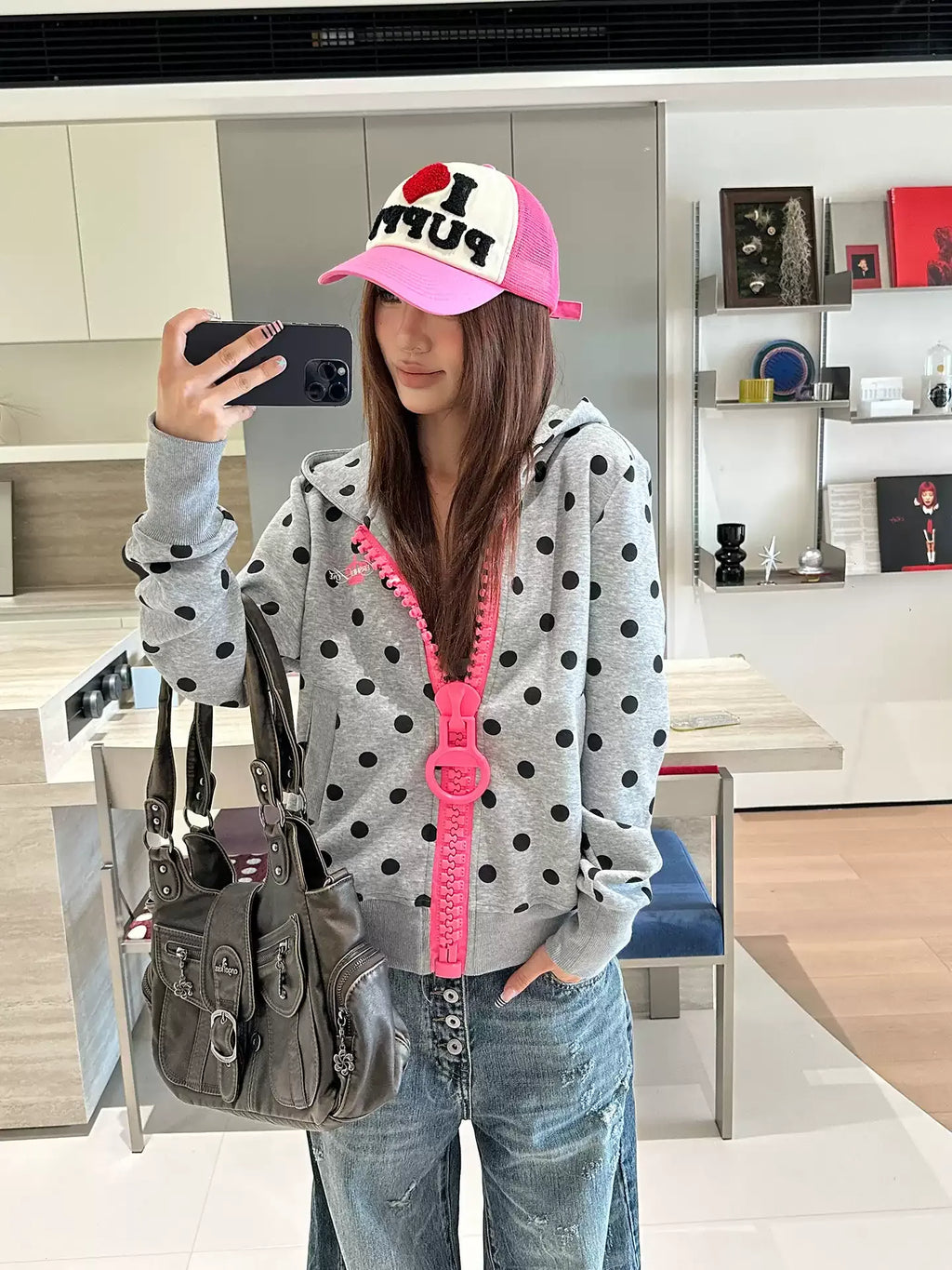 (Pre-Order) Oversized Zipper Polka Dot Hoodie