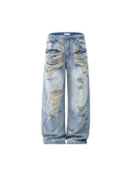 HABON Heavily Distressed Washed Wide-Leg Jeans