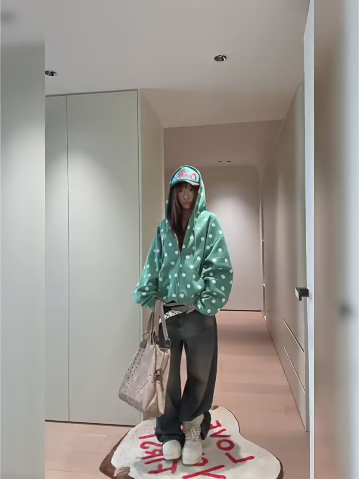 HABON American Style Polka Dot Full Print Zip Up Hooded Sweatshirt
