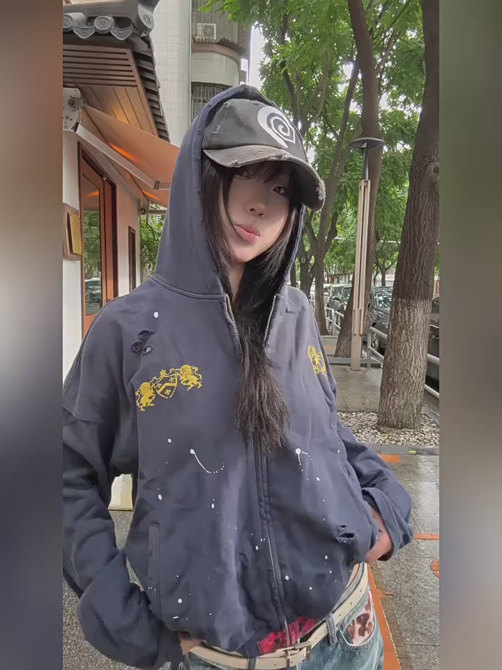 HABON Washed Distressed Paint Splatter Zip-Up Boxy Hoodie